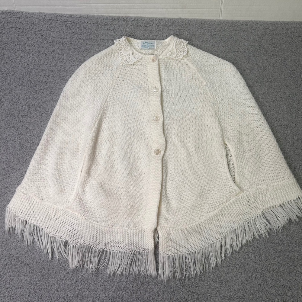 Julius Berger Knit Cape Vintage Kids Cream Coquette Cottagecore Lace Fringe